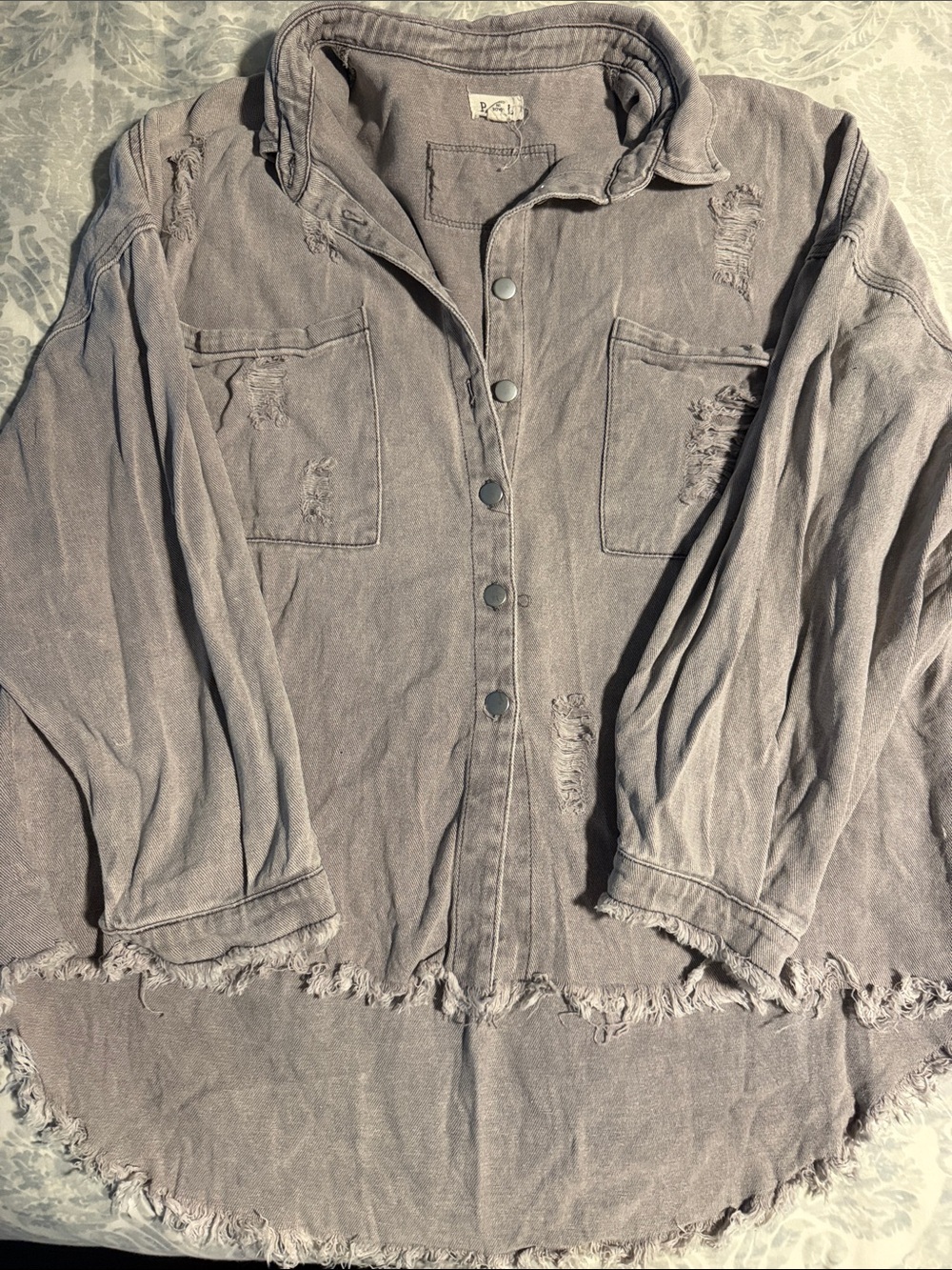 POL Distressed Button-Down Shirt Jacket in Faded Taupe